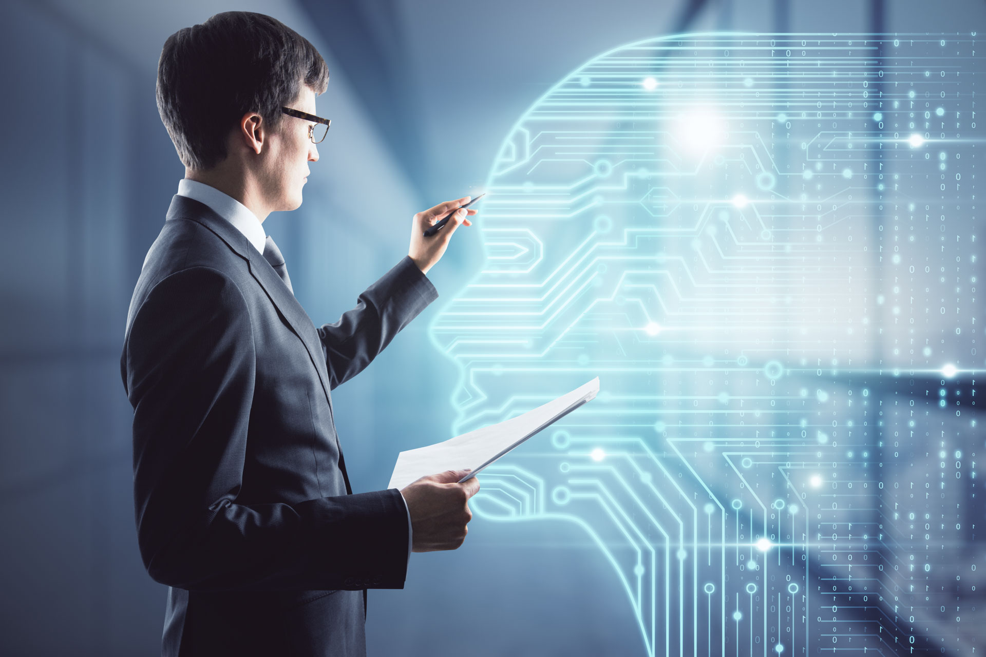 Geschäftsmann nutzt digitale KI-Schnittstelle für regulatorische Compliance