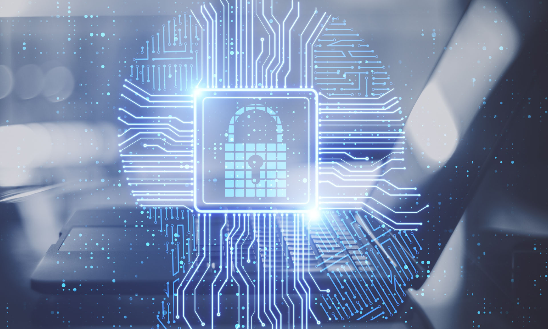 Laptop mit leuchtendem KI-Sicherheits-Chip